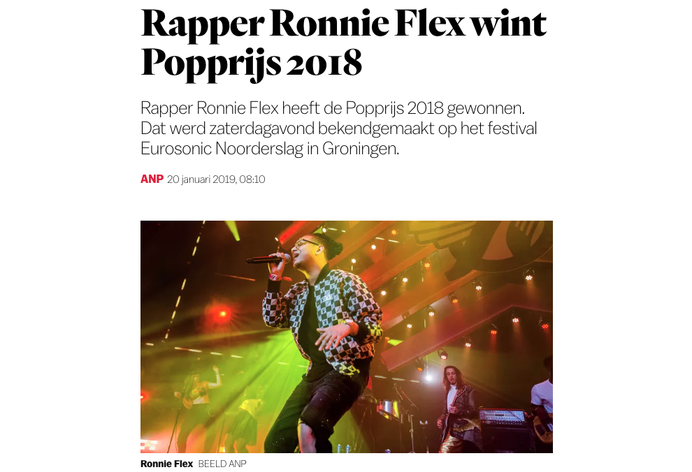 Rapper Ronnie Flex wint Popprijs 2018 - Het Parool