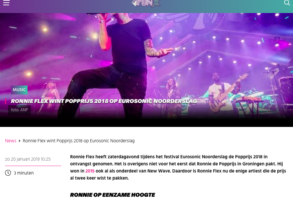 Ronny Flex wint popprijs 2018 op Eurosonic Noorderslag - FUNX