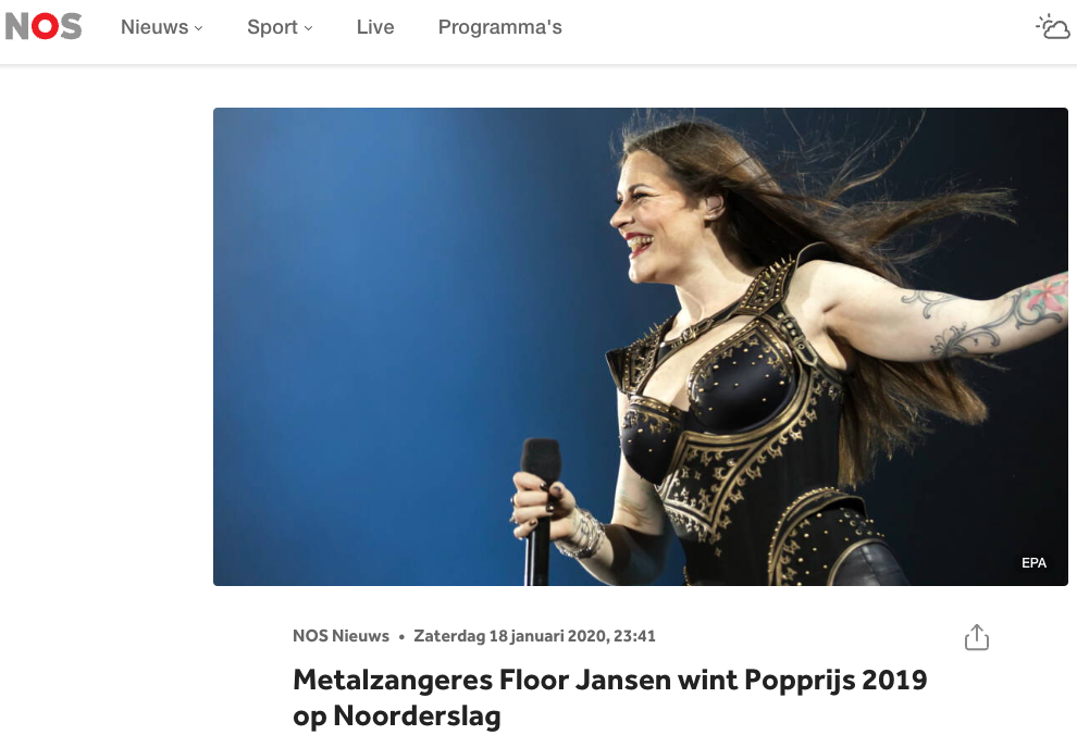 Metalzangeres Floor Jansen wint Popprijs 2019 op Noorderslag - NOS